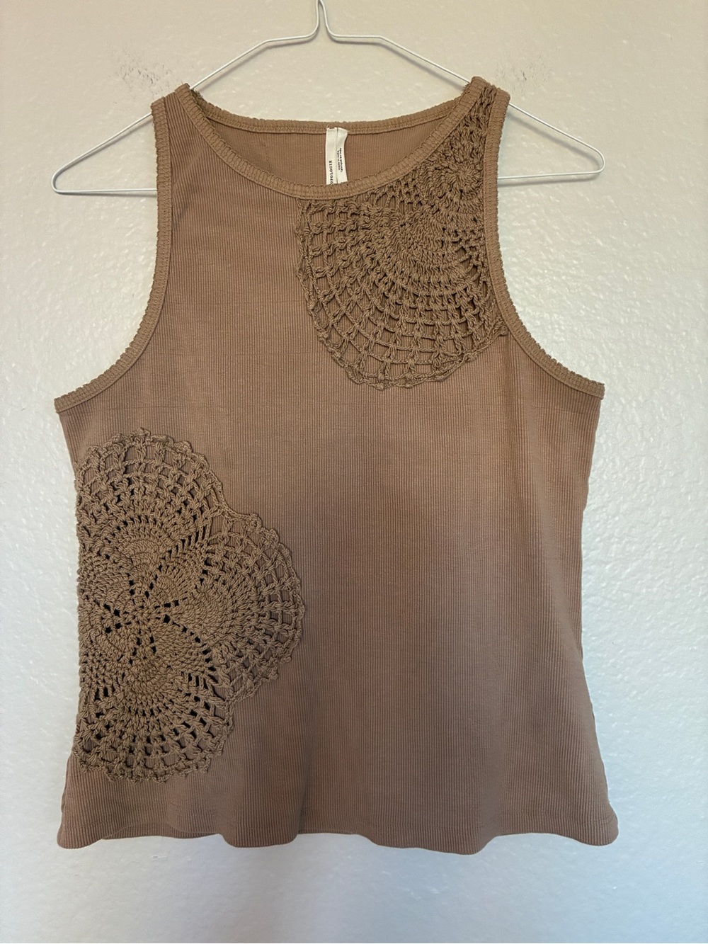 Anthropologie Brown Flower Embroidered Crochet Detail Tank Top Cotton Coquette